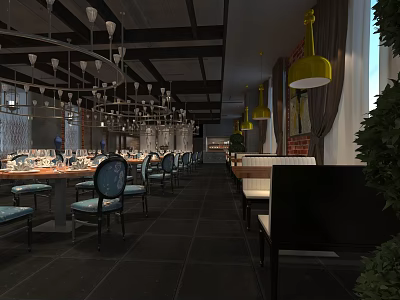 Modern Restaurant Interior Design With Pendant Lights Dining Tables And Decorative Plants 3d model