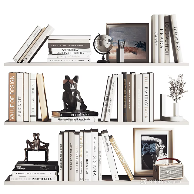 Stylish Decorative Ornament Combination on Bookshelves With Books Globe Sculpture Photo Frames And Plant 3d model 