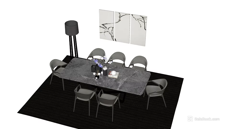 Modern Dining Table Set With Dark Marble Top Six Light Gray Chairs And Wall Art 3d model 