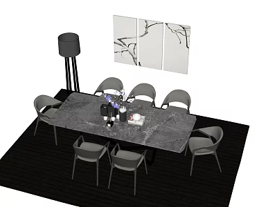 Modern Dining Table Set With Dark Marble Top Six Light Gray Chairs And Wall Art 3d model