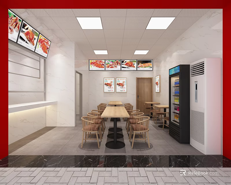 Modern Restaurant Interior With Dining Tables Chairs Menu Screens And Vending Machine 3d model 