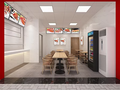 Modern Restaurant Interior With Dining Tables Chairs Menu Screens And Vending Machine 3d model