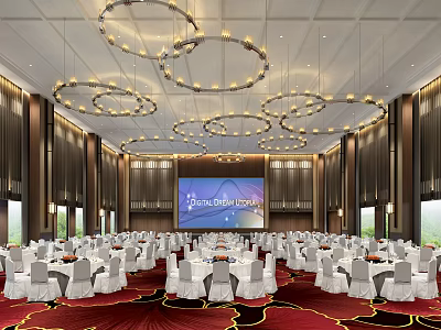 Elegant Banquet Hall With Hanging Chandeliers Large Screen And White Tablecloth Tables On Red Carpet 3d model