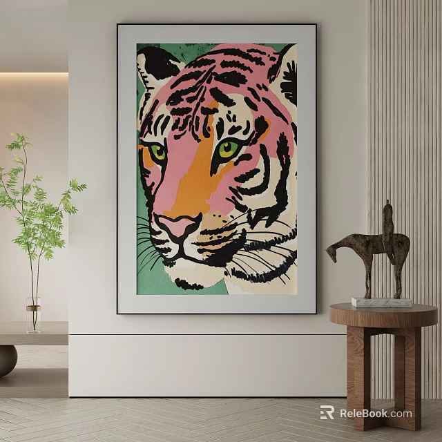 Vibrant Colorful Abstract Tiger Head Painting With Bold Geometric Style And Living Room Decor Elements 3d model 