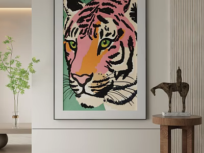 Vibrant Colorful Abstract Tiger Head Painting With Bold Geometric Style And Living Room Decor Elements 3d model