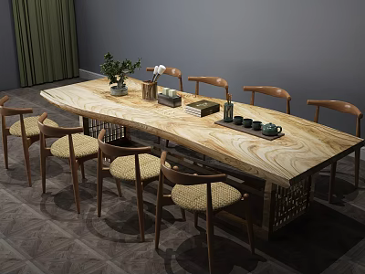 Natural Style Wooden Tea Table With Woven Seat Chairs And Tea Sets Books Green Plants 3d model