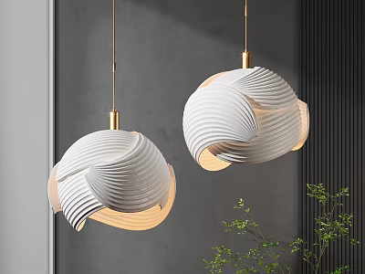 Modern White Wave Textured Chandeliers With Golden Chains In Gray Wall Interior And Green Plants 3d model