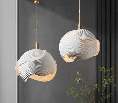 Modern White Wave Textured Chandeliers With Golden Chains In Gray Wall Interior And Green Plants 3d model