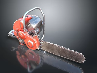 Red And Silver Chainsaw With Metal Chain On Black Background And Reflection 3d model