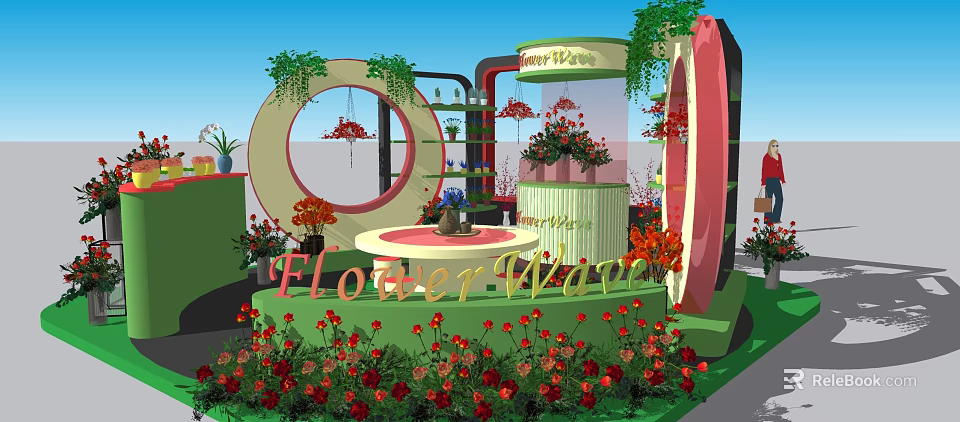 Vibrant Flower War Display Area With Circular Decorative Structures Lush Vines And Colorful Blooms 3d model 