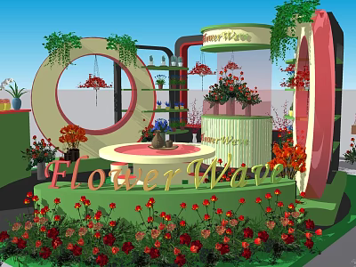 Vibrant Flower War Display Area With Circular Decorative Structures Lush Vines And Colorful Blooms 3d model