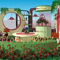 Vibrant Flower War Display Area With Circular Decorative Structures Lush Vines And Colorful Blooms
