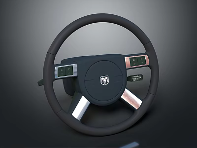 Black Steering Wheel With Silver Accents Central Logo And Side Control Buttons 3d model