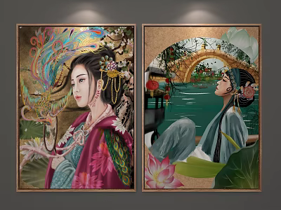 Traditional Chinese Figure Paintings With Elaborate Costumes And Lotus Water Scenery 3d model