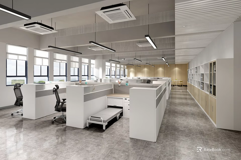 Modern Public Office Space With Open Layout Workstations Desks Chairs And Window Lighting 3d model