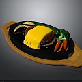 Sizzling Steak with Fried Egg Broccoli and Red Pepper on Hot Grill Plate