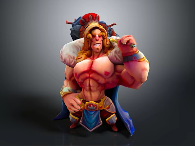 Muscular Shirtless Fantasy Game Movie Character With Long Blonde Hair Red Helmet And Blue Cape 3d model