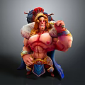 Muscular Shirtless Fantasy Game Movie Character With Long Blonde Hair Red Helmet And Blue Cape