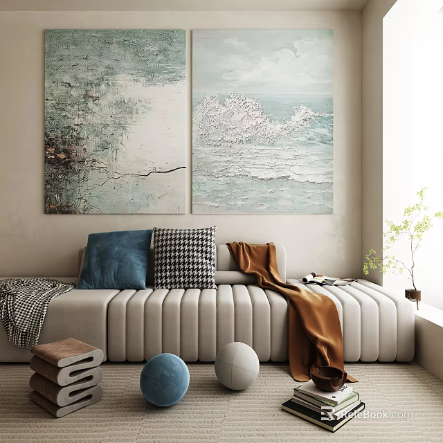 Modern Living Room With Abstract Paintings Pillows Blanket And Decorative Plants 3d model 