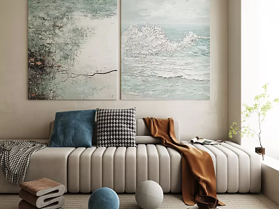 Modern Living Room With Abstract Paintings Pillows Blanket And Decorative Plants 3d model