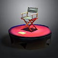 Wooden Director's Chair With Green Cushion On Red Circular Display Platform