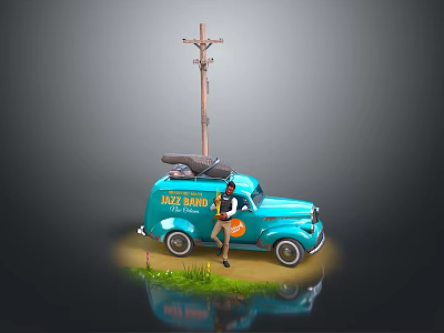 Blue Vintage Jazz Radio Car With Luggage On Roof And Person Beside Telephone Pole Grass 3d model