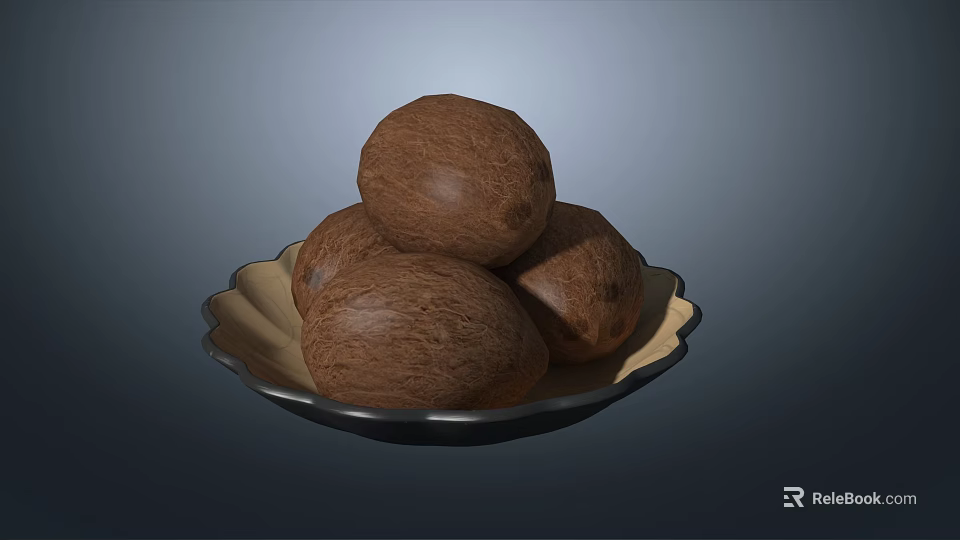 Fresh Ripe Coconuts Stacked On A Decorative Plate For 3d model 