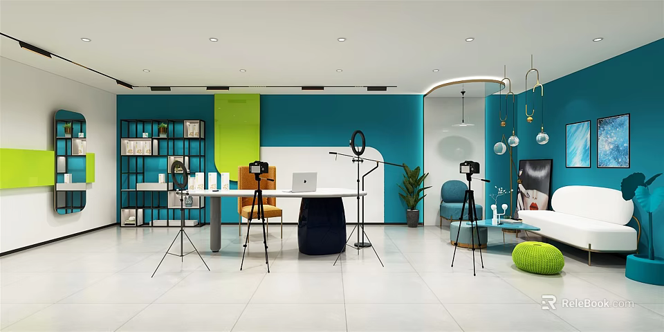 Modern Public Office Area With Turquoise Walls Bookshelves Tripods And Green Plant 3d model 