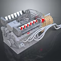 Detailed Industrial Engine Equipment Model Featuring Cylinders Cables Pipes And Yellow Components