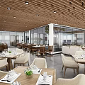 Modern Restaurant Interior Design With Wooden Ceiling Open Space Glass Partitions And Dining Chairs