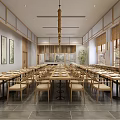 Modern Chinese Style Restaurant Interior With Long Wooden Tables Chairs And Decorative Paintings