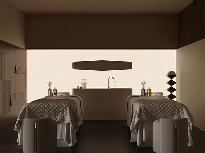 Beauty Salon Interior Design With Two Massage Beds White Linens Wooden Cabinets And Soft Lighting 3d model
