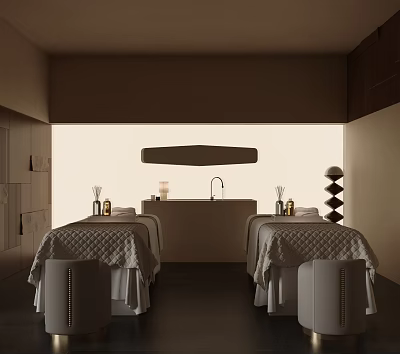 Beauty Salon Interior Design With Two Massage Beds White Linens Wooden Cabinets And Soft Lighting 3d model