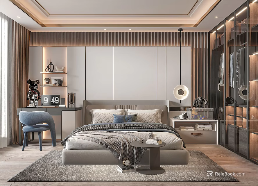 Modern Bedroom Interior Design With Comfortable Bed Stylish Headboard Area Rug And Decorative Lighting 3d model 