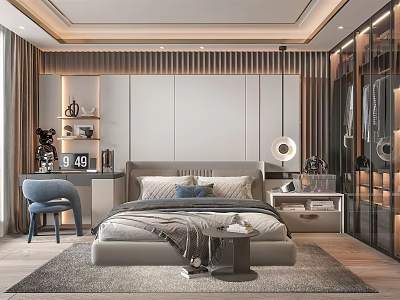 Modern Bedroom Interior Design With Comfortable Bed Stylish Headboard Area Rug And Decorative Lighting 3d model