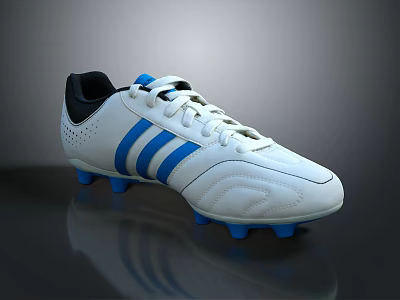 White Perforated Soccer Shoes with Blue Stripes Black Heel and Blue Cleats Athletic Design 3d model