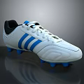 White Perforated Soccer Shoes with Blue Stripes Black Heel and Blue Cleats Athletic Design
