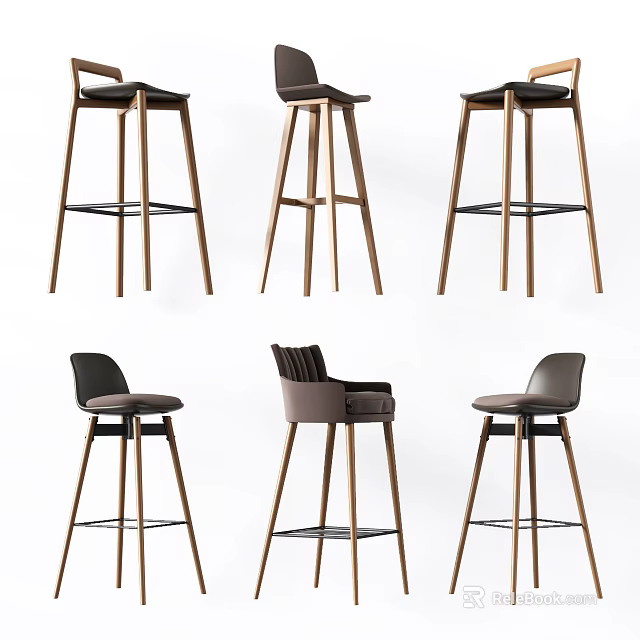 Modern Stylish Bar Stools With Wooden Legs Comfortable Seats And Different Backrest Designs 3d model 