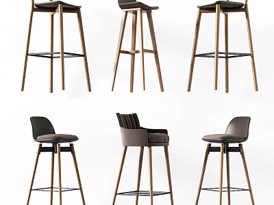 Modern Stylish Bar Stools With Wooden Legs Comfortable Seats And Different Backrest Designs 3d model