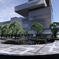 Modern Plaza Landscape with Glass Building Trees Geometric Pavement Umbrella Seating and Pedestrians