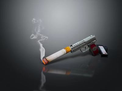 Silver Pistol With Smoking Cigarette And Red Component On Dark Background 3d model