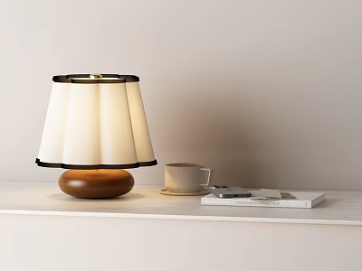 White Lampshade Table Lamp With Black Trim Wooden Base On Countertop With Mug And Books 3d model