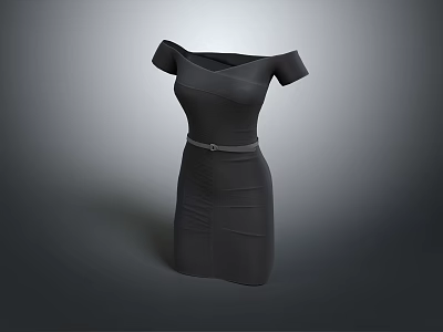 Elegant Black Off Shoulder Fitted Dress With Slim Belt Design 3d model
