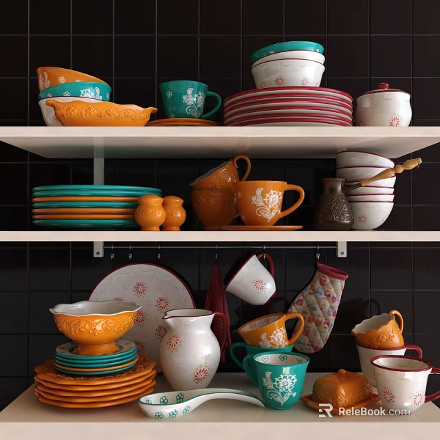 Colorful Assorted Kitchen Tableware Collection with Mugs Plates Bowls Jars on Display Shelves 3d model 