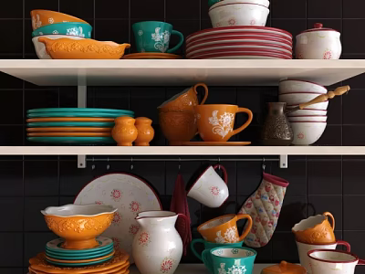 Colorful Assorted Kitchen Tableware Collection with Mugs Plates Bowls Jars on Display Shelves 3d model