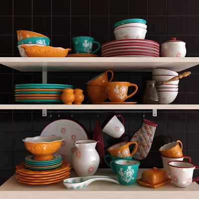 Colorful Assorted Kitchen Tableware Collection with Mugs Plates Bowls Jars on Display Shelves 3d model
