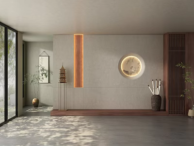 Modern Living Room Background Wall With Wooden Accents And Circular Decorative Design 3d model