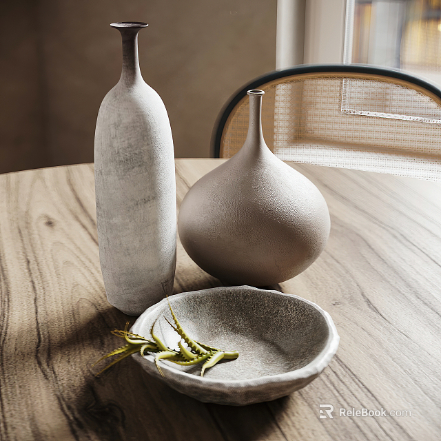 Decorative Ceramic Vases And Bowl On Wooden Table With Green Plant Decoration 3d model 