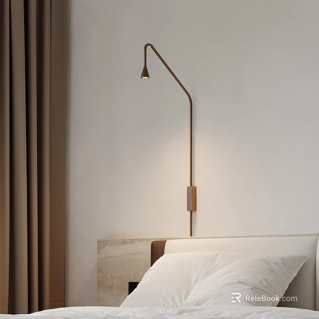 Brass Curved Metal Wall Lamp On Bedroom Bedside Wall With Beige Curtains And White Wall 3d model 