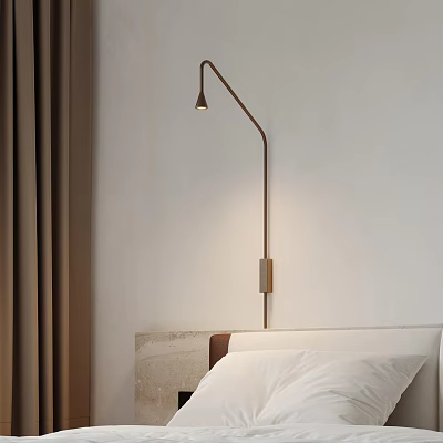 Brass Curved Metal Wall Lamp On Bedroom Bedside Wall With Beige Curtains And White Wall 3d model